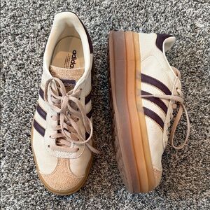 adidas Cream Suede Platform Sneakers with Dark Purple Stripes